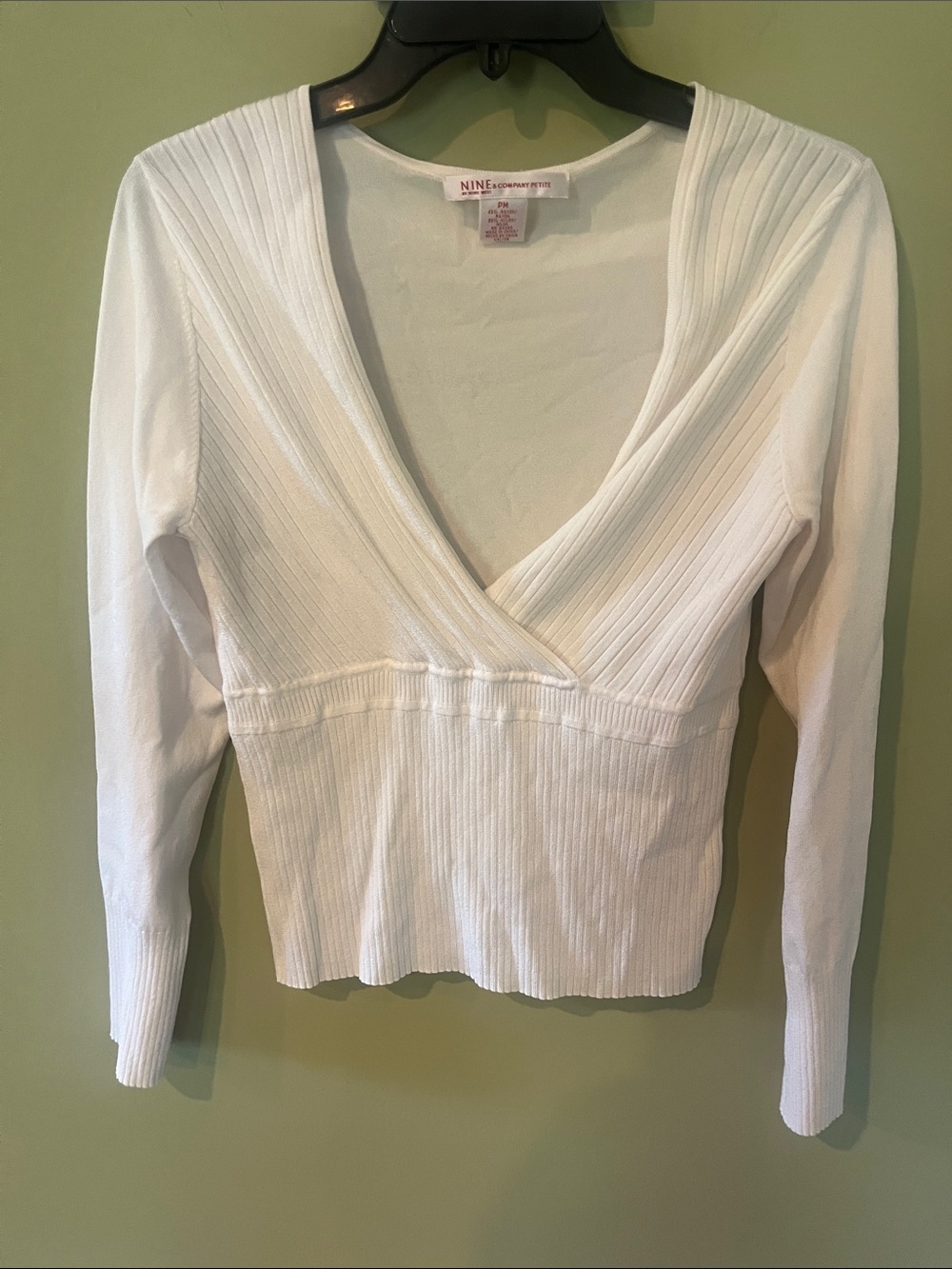 Nine West Ribbed Wrap-Front Long Sleeve Top in Soft White. Size M.